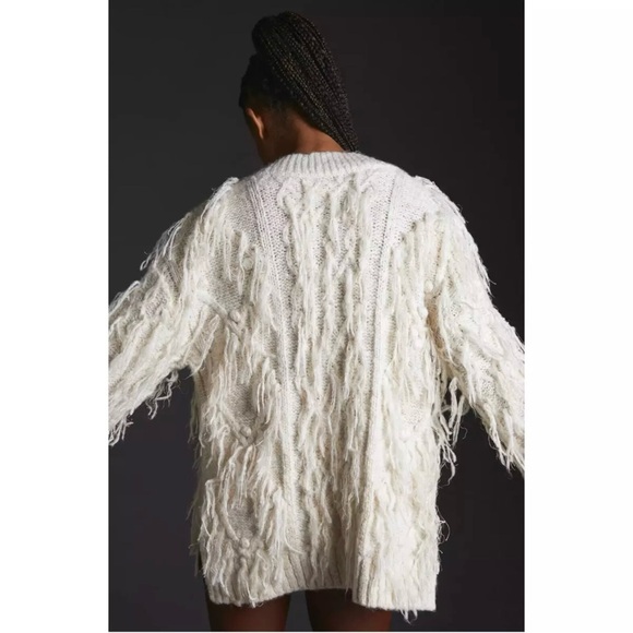 Anthropologie Fringed Pullover V-Neck Ivory Silver Threads Sweater Size Medium - Picture 2 of 13
